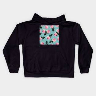 Scattered pink vintage roses on teal blue Kids Hoodie